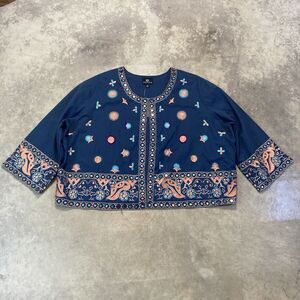 Curations Jacket Womens 3X‎ Blue Embroidered Boho Lightweight Cropped